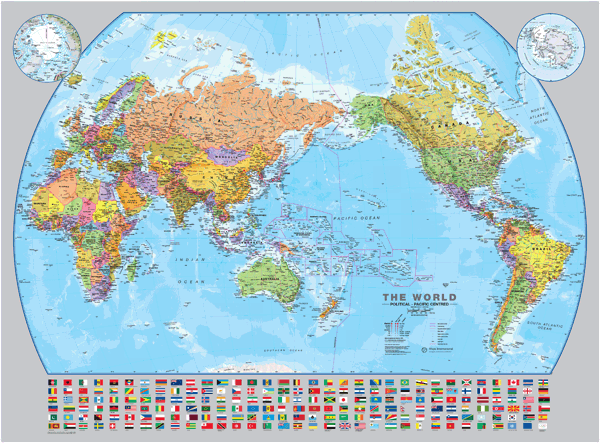 World Pacific Centered with flags Wall Map